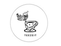 Black and white drawing of a bird on a decorated teacup with the text Tea Time