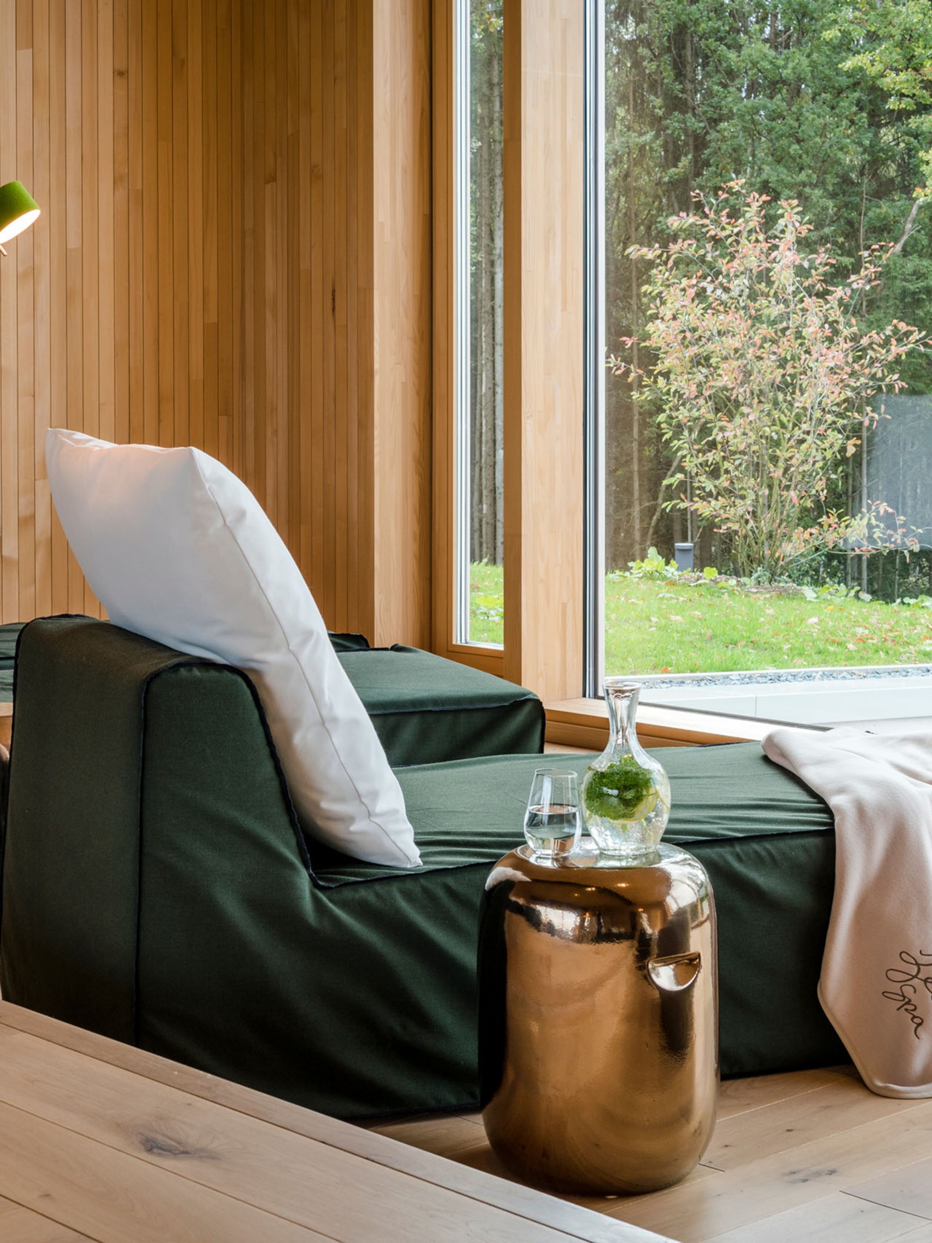 Relaxation area with lounge chair, pillow, blanket, and green view outside