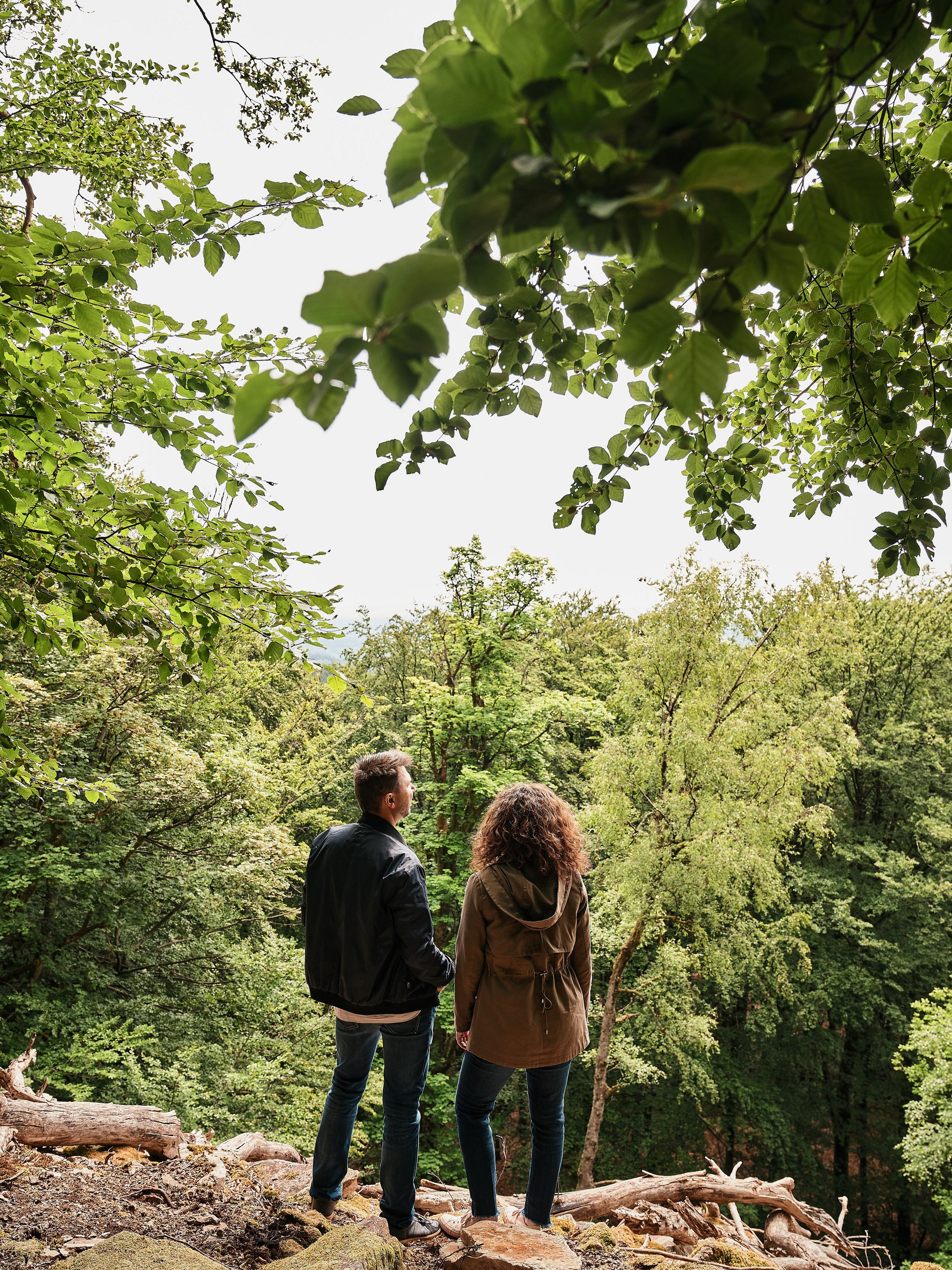 Couple standing in forest looking at trees and nature