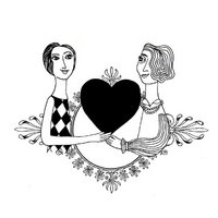 Two stylized women holding a large black heart together