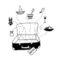 Open suitcase with vacation and hotel symbols like swimsuit, boat, and food