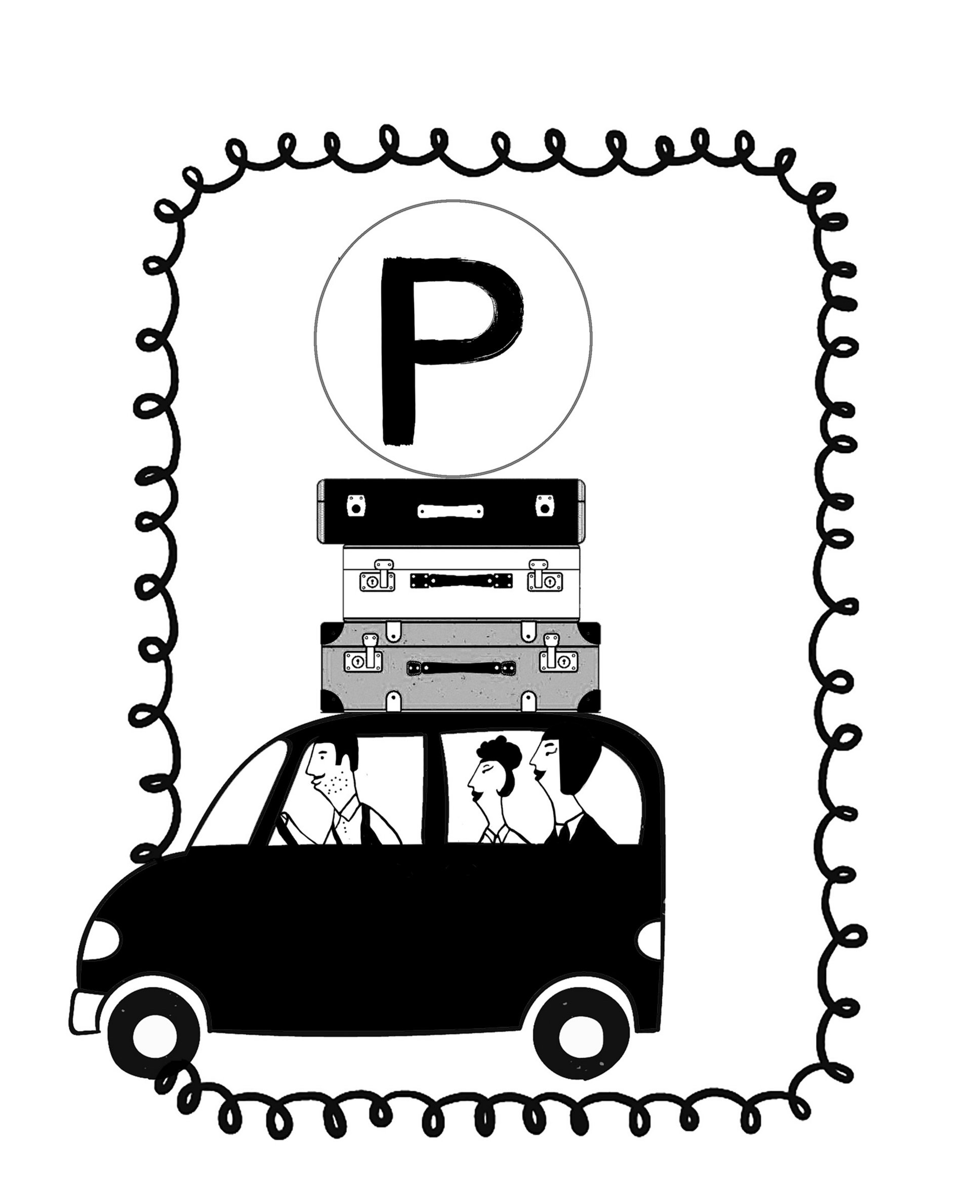 Willkommen Schwarz-weiß Illustration von drei Personen im Auto mit Koffern und Parkplatzzeichen