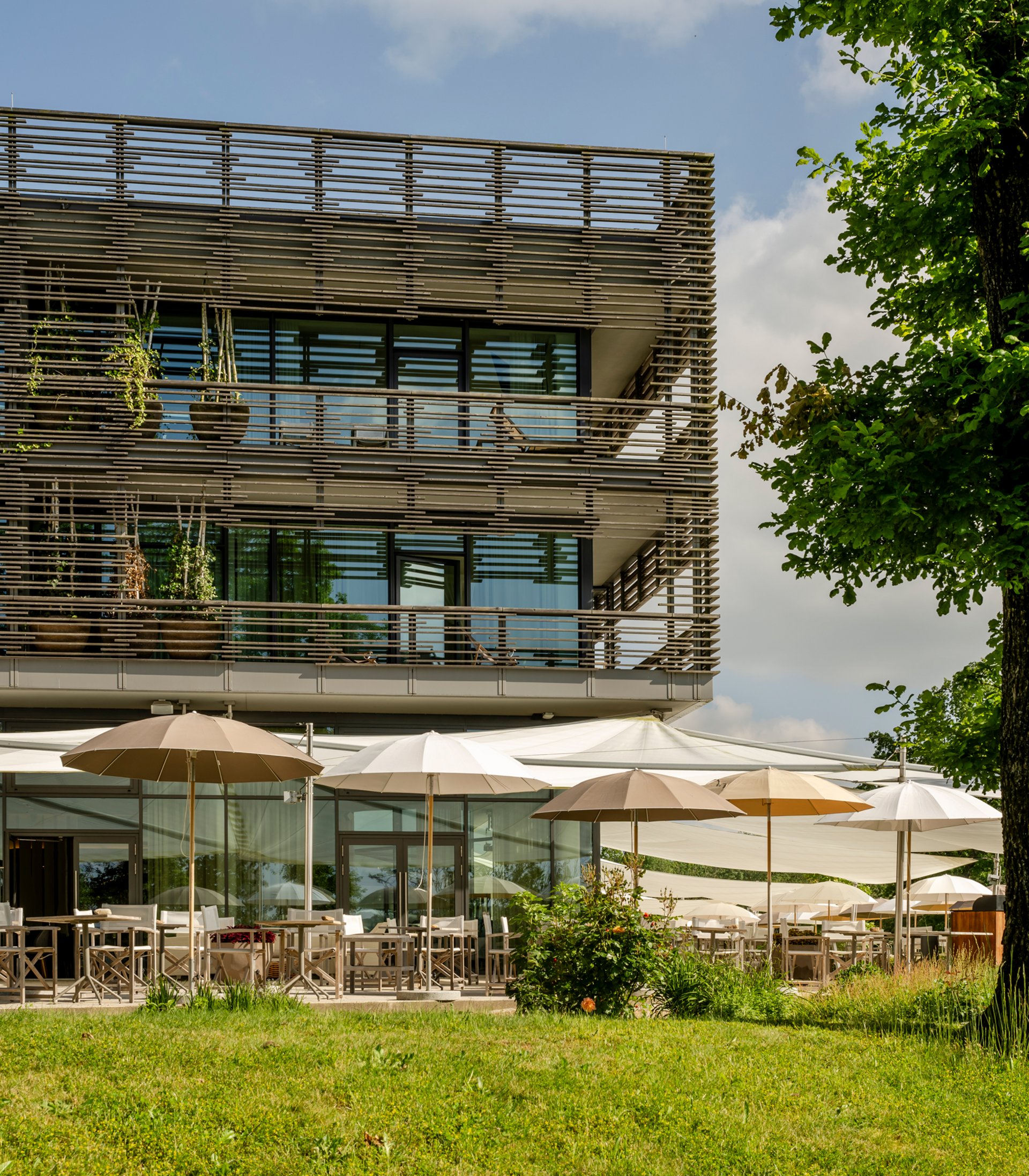 Modern building with terrace and umbrellas in a green area