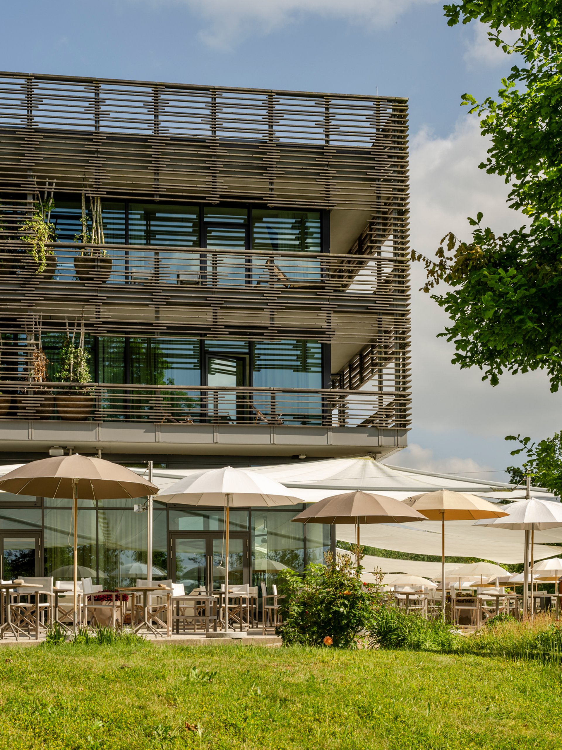 Bâtiment moderne avec terrasse et parasols dans un espace vert