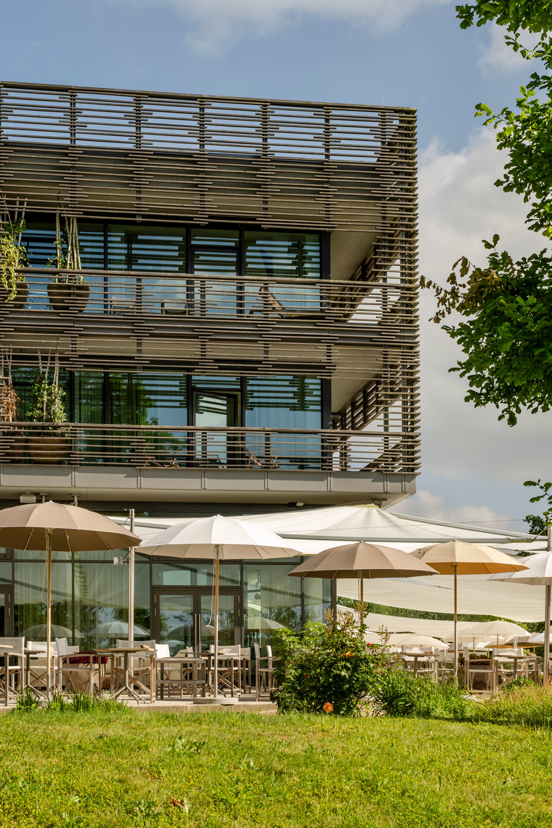 Bâtiment moderne avec terrasse et parasols dans un espace vert
