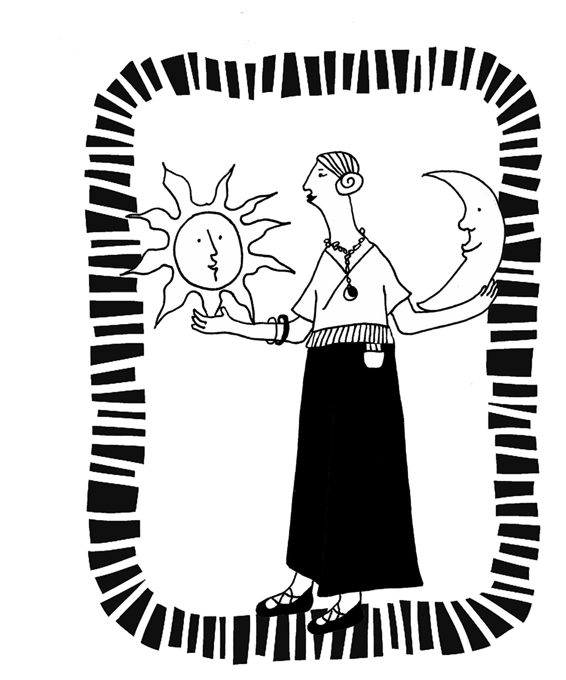 Zeichnung einer Frau, die Sonne und Mond mit Gesichtern in den Händen hält