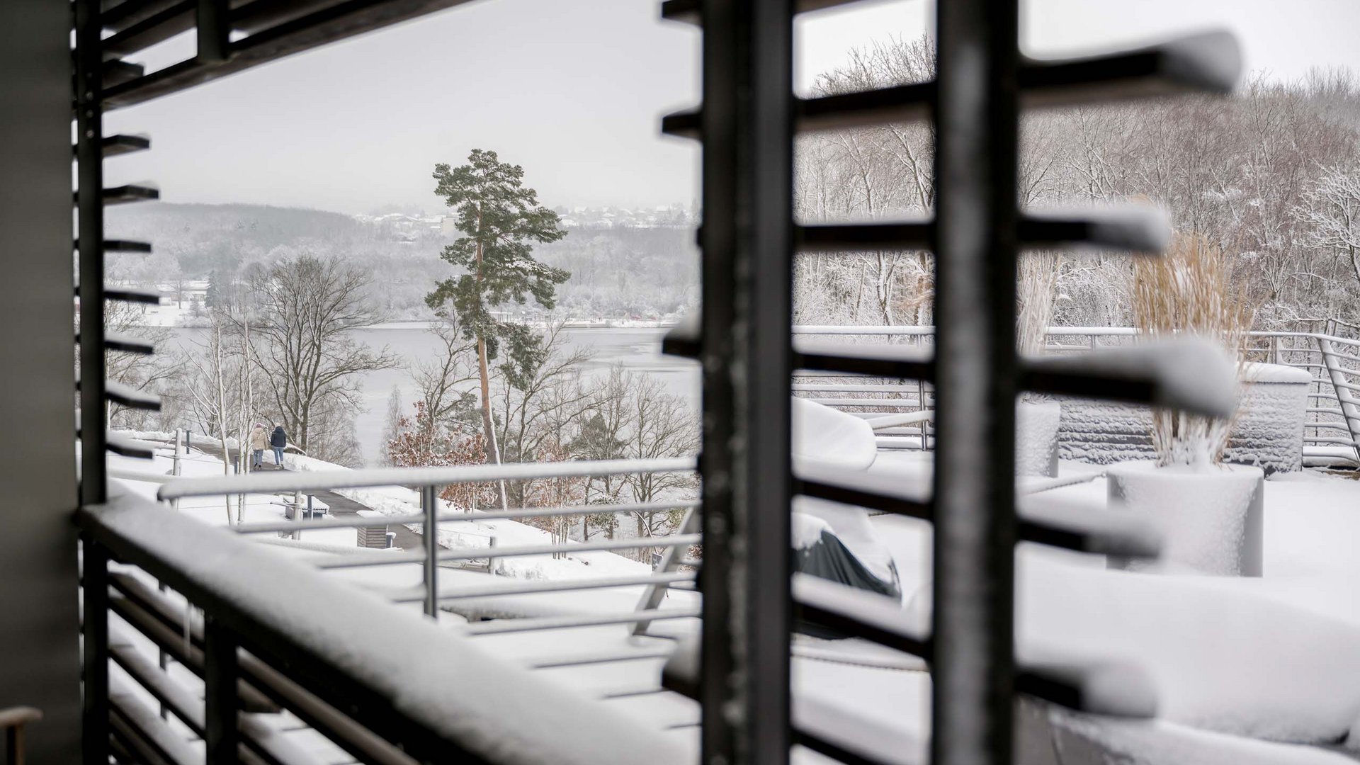 Verschneite Terrasse mit Blick auf Bäume und einen See, eingerahmt von einem dunklen Geländer