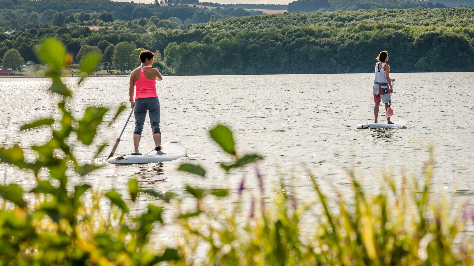 Two women paddleboarding on a lake surrounded by forest