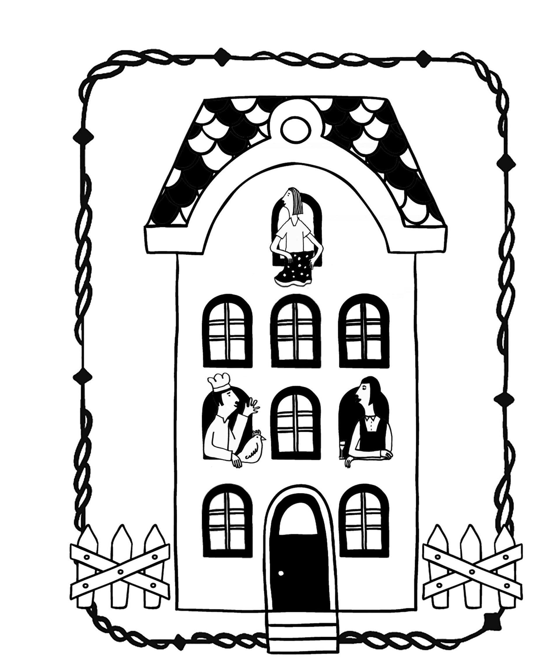 Das Team der Seezeitlodge Schwarz-weiß Zeichnung eines Hauses mit drei Personen an Fenstern und Tür