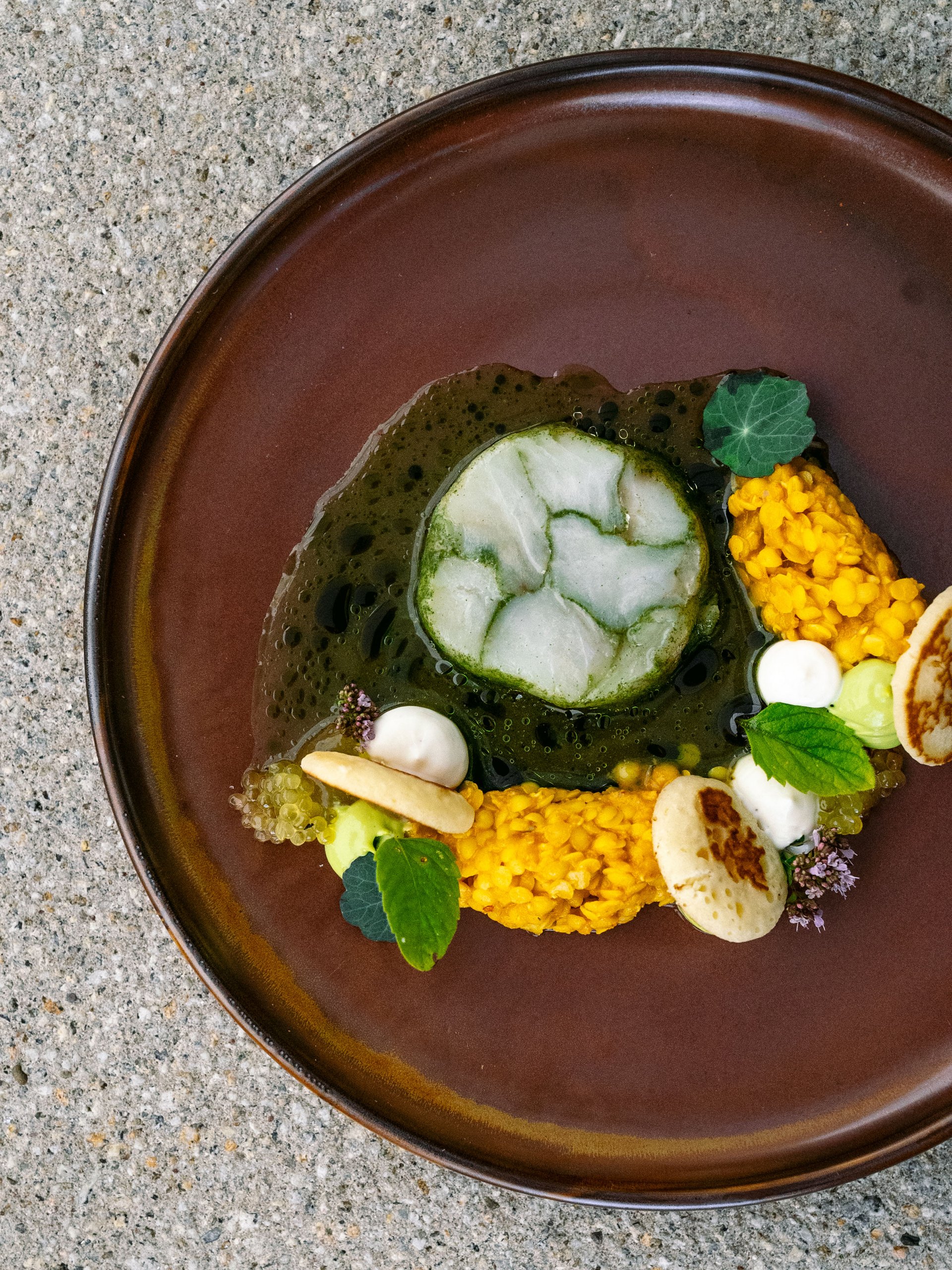 Plat artistique avec sauce verte, lentilles jaunes et herbes sur assiette marron