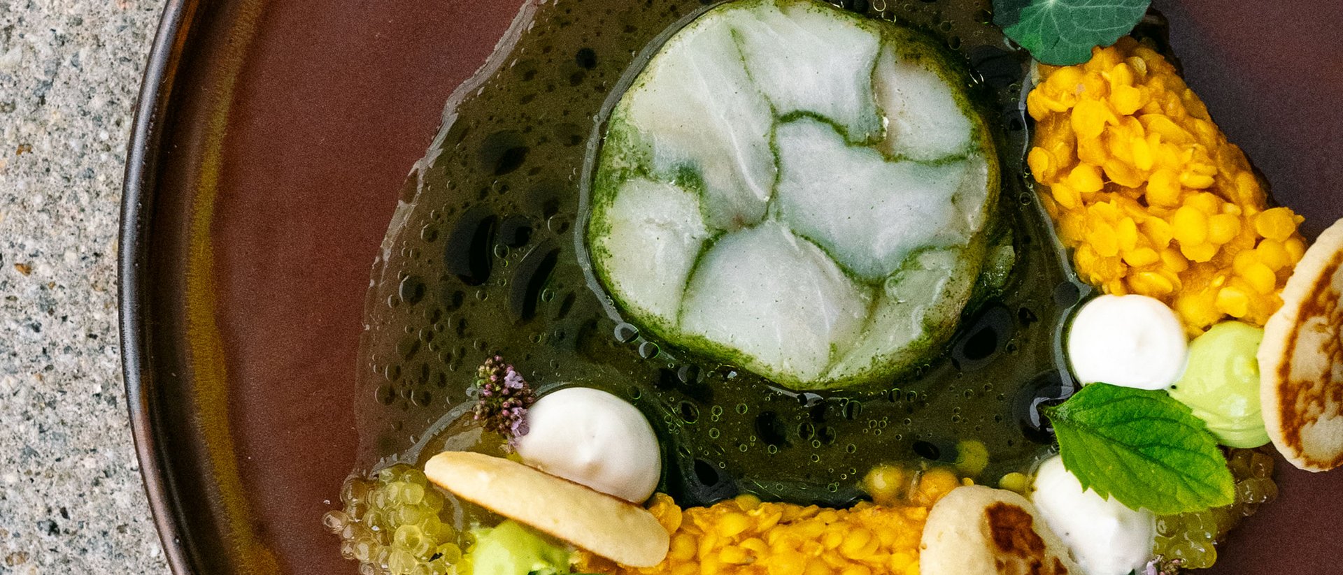 Künstlerisch angerichtetes Gericht mit grüner Soße, gelben Linsen und Kräutern auf braunem Teller