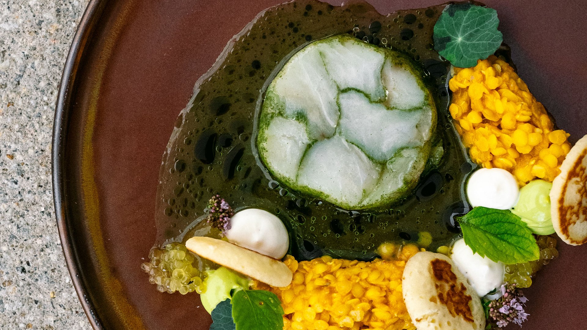 Künstlerisch angerichtetes Gericht mit grüner Soße, gelben Linsen und Kräutern auf braunem Teller