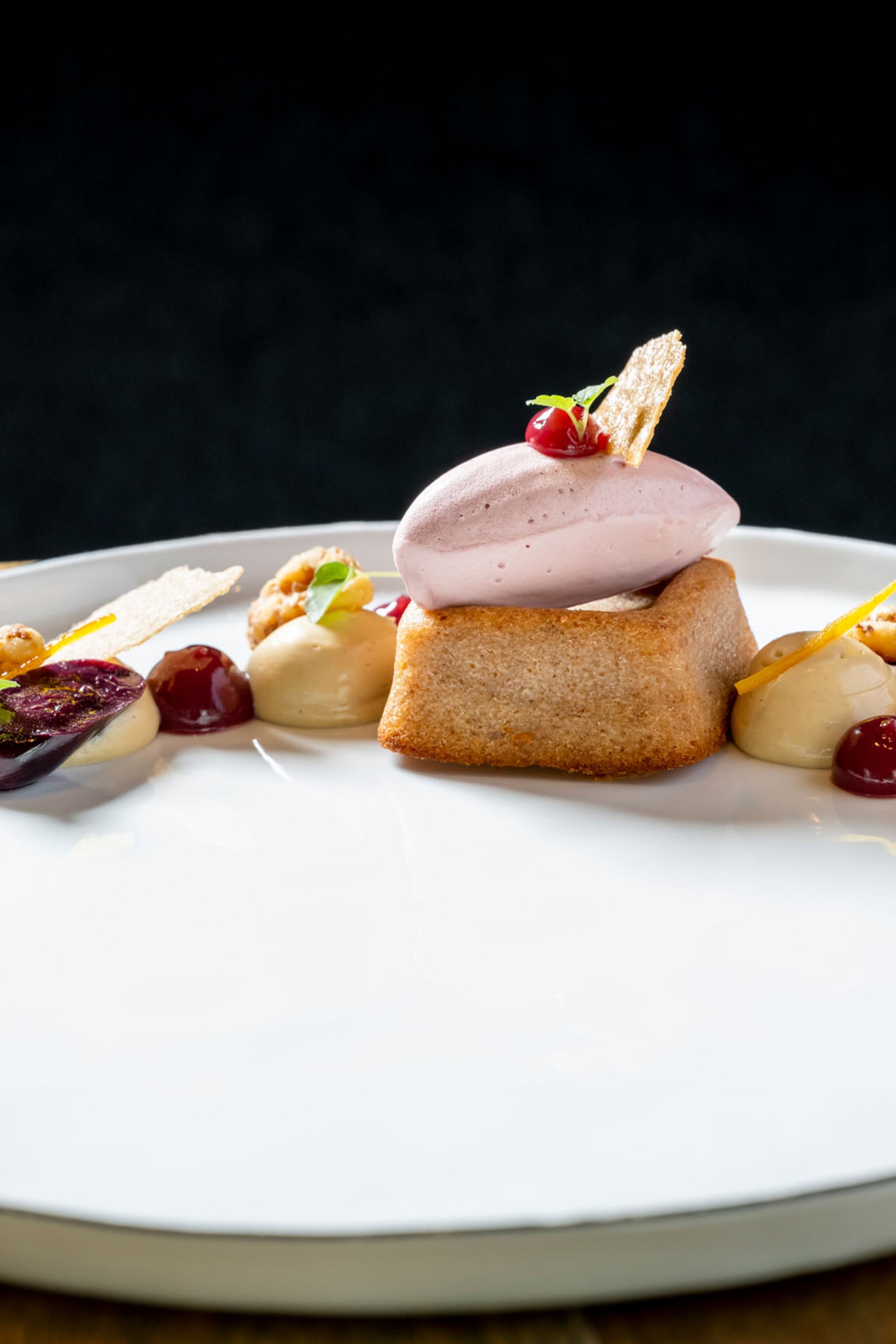 Elegantes Dessert mit Biskuit, Eis und Fruchtsoßen auf weißem Teller