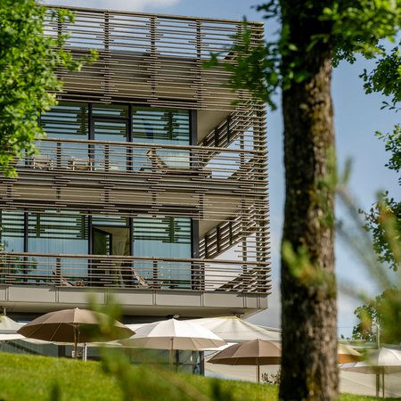 Modernes Gebäude mit großen Glasfenstern und Sonnenschirmen im Garten