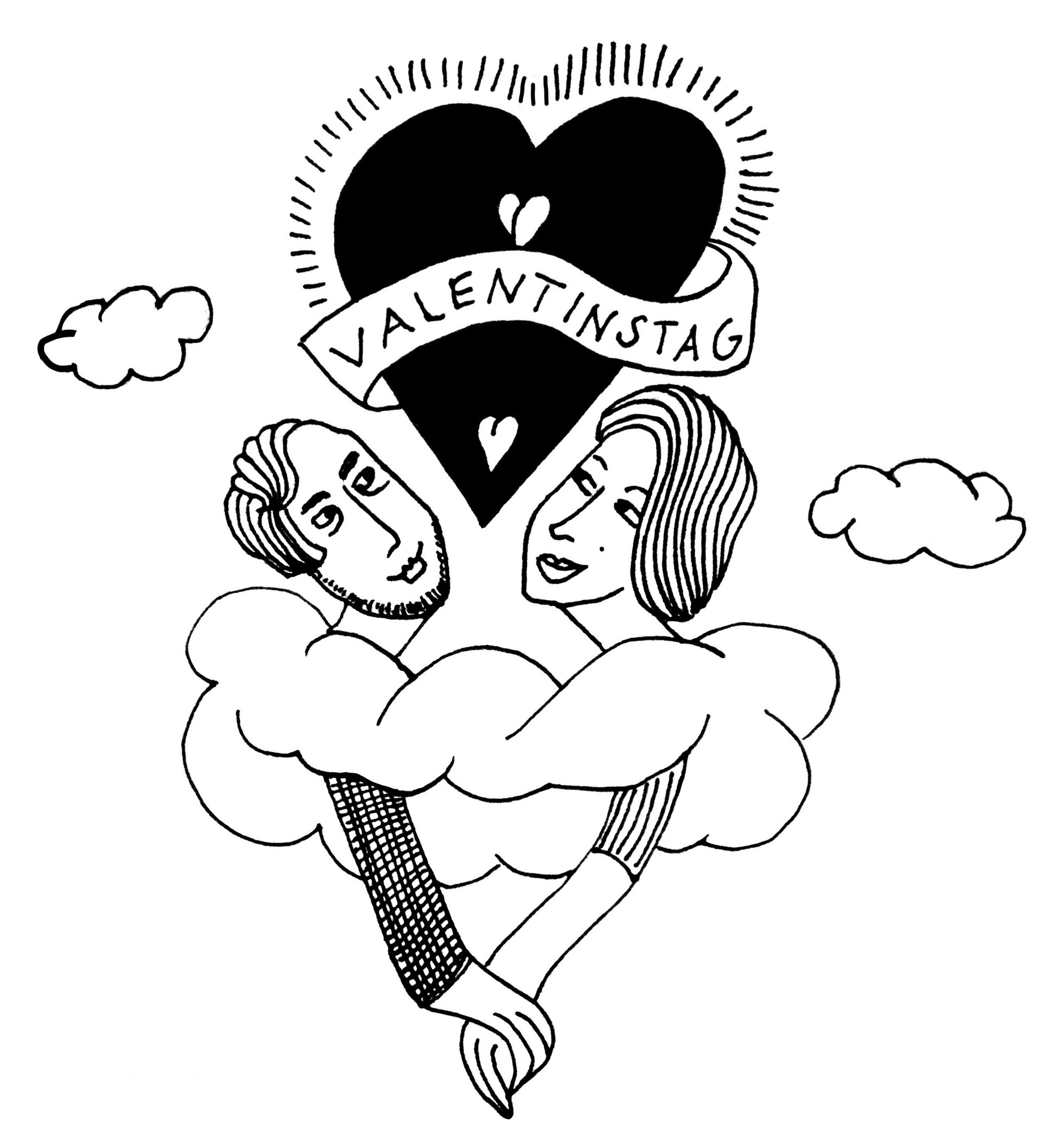 Illustration eines Paares in Wolken mit Herz und Schrift Valentinstag
