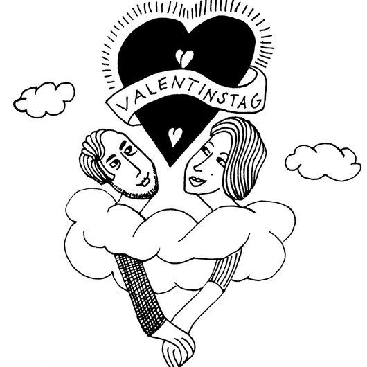 Illustration eines Paares in Wolken mit Herz und Schrift Valentinstag