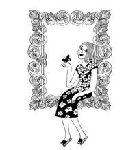 Woman in floral dress sitting on ornate frame holding a butterfly