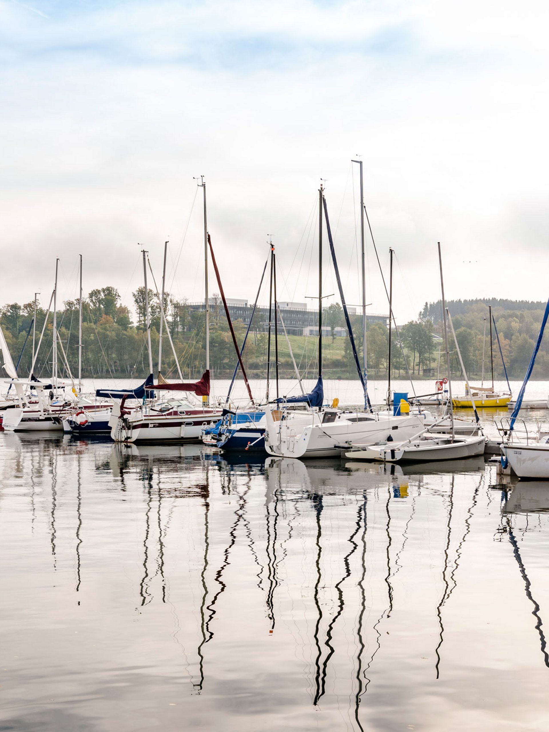 Voiliers amarrés dans un port sur un lac calme avec forêt en arrière-plan