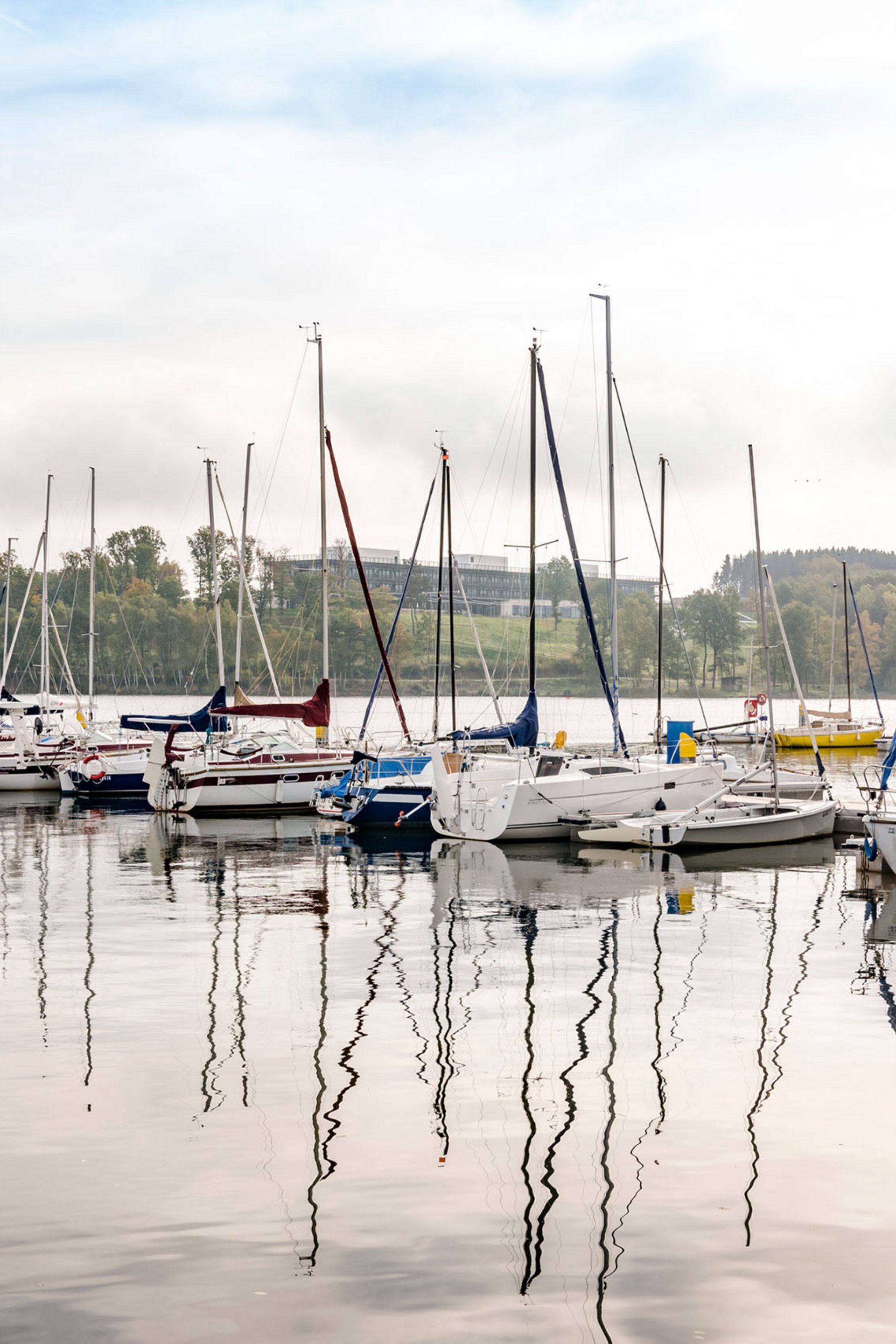 Voiliers amarrés dans un port sur un lac calme avec forêt en arrière-plan