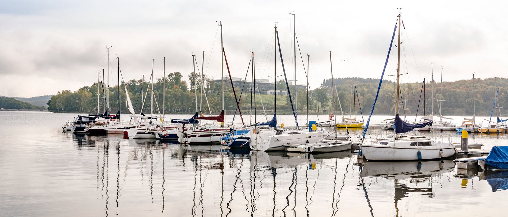 Segelboote im Hafen auf ruhigem See vor bewaldetem Ufer