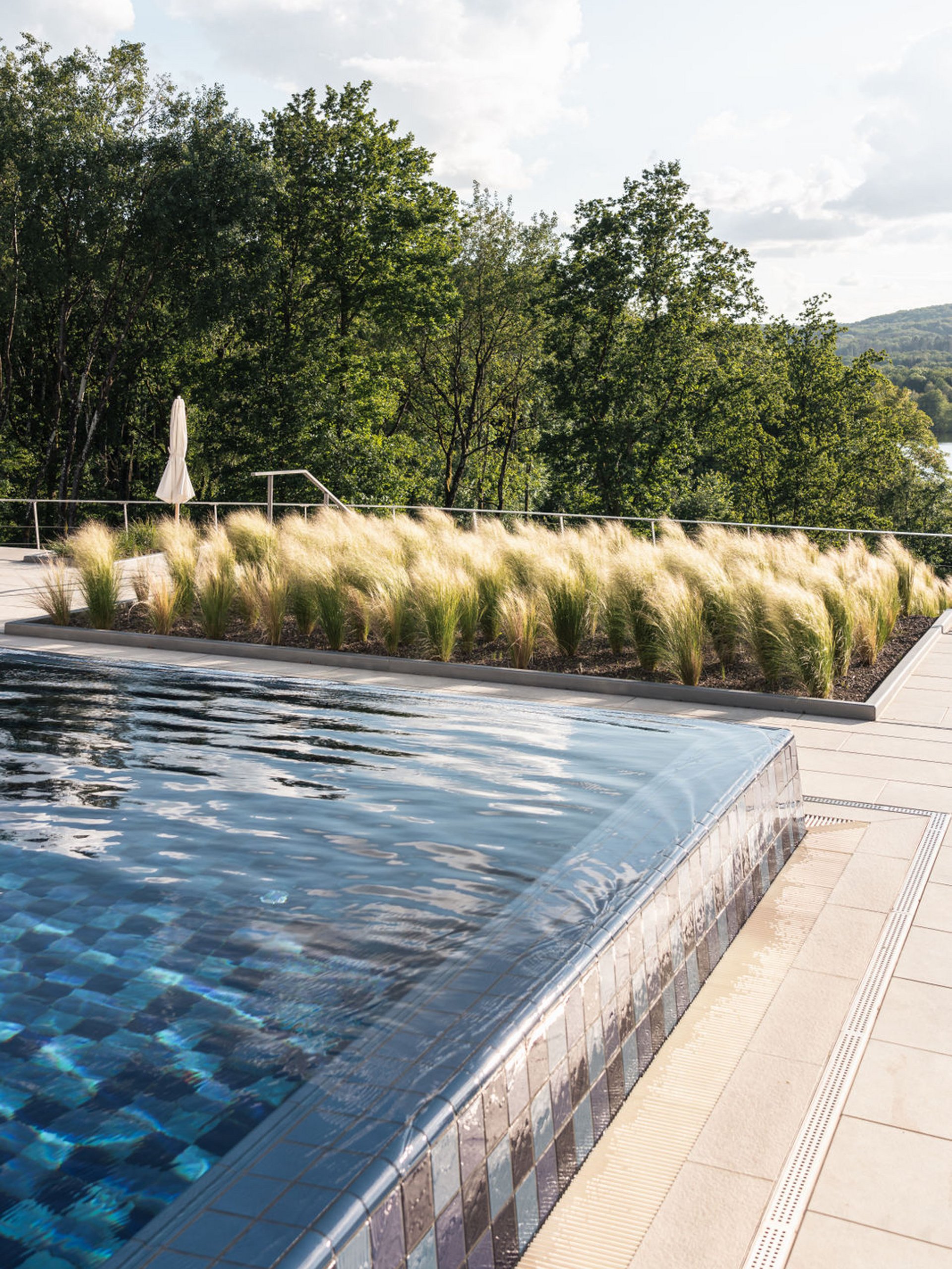 Piscine à débordement avec eau coulant et herbes devant des arbres sous la lumière du soleil
