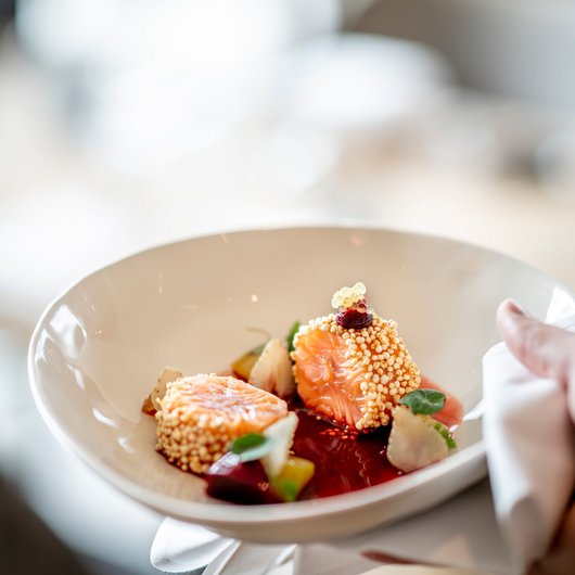 Delicate salmon pieces with sauce and garnish on a white plate