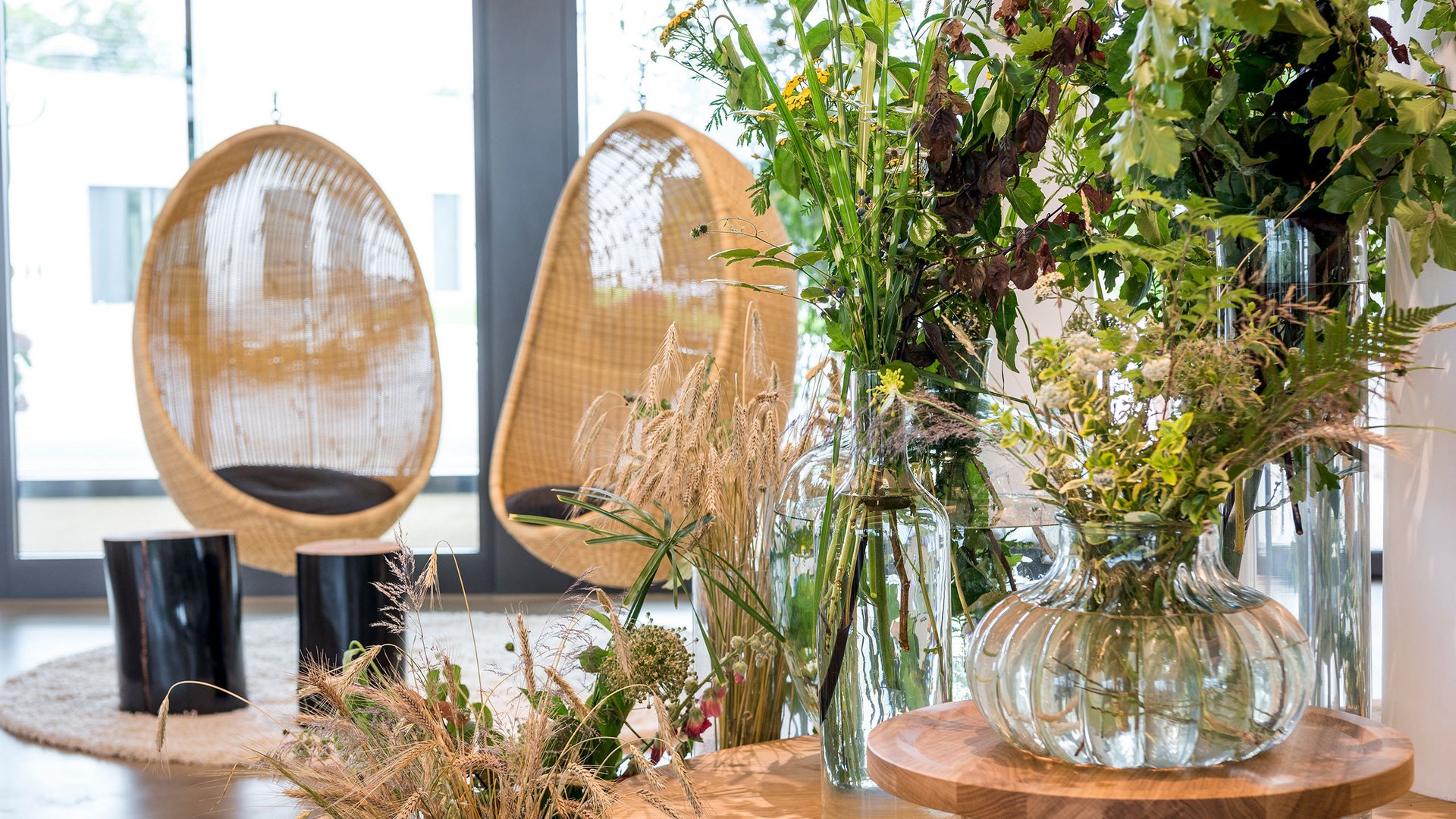 Intérieur moderne avec vases en verre et plantes près de fauteuils suspendus en osier