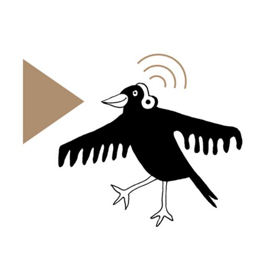 Audiowalk Schwarzer Vogel mit Kopfhörern und WLAN-Symbol neben braunem Dreieck