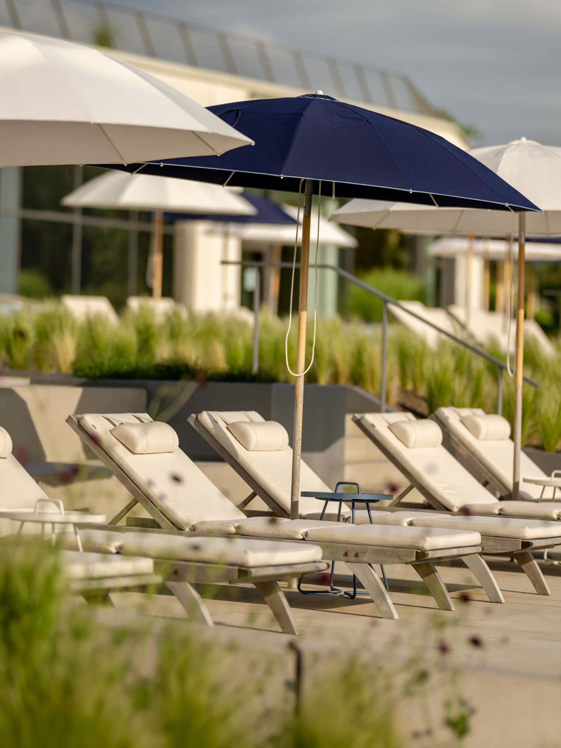Empty lounge chairs with umbrellas at a sunny poolside area