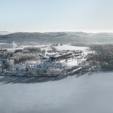 Luftaufnahme einer verschneiten Halbinsel mit Gebäuden inmitten eines zugefrorenen Sees