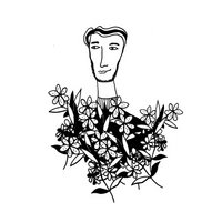 Black and white drawing of a man surrounded by flowers