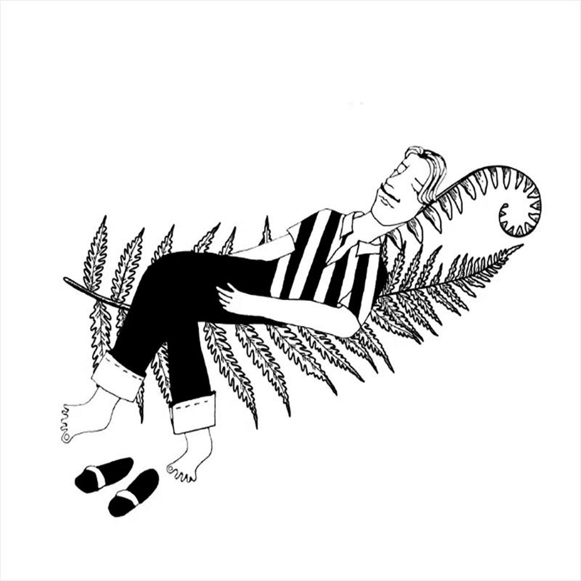 Strichzeichnung eines Mannes, der auf einem Farnblatt liegt und Schuhe daneben stehen