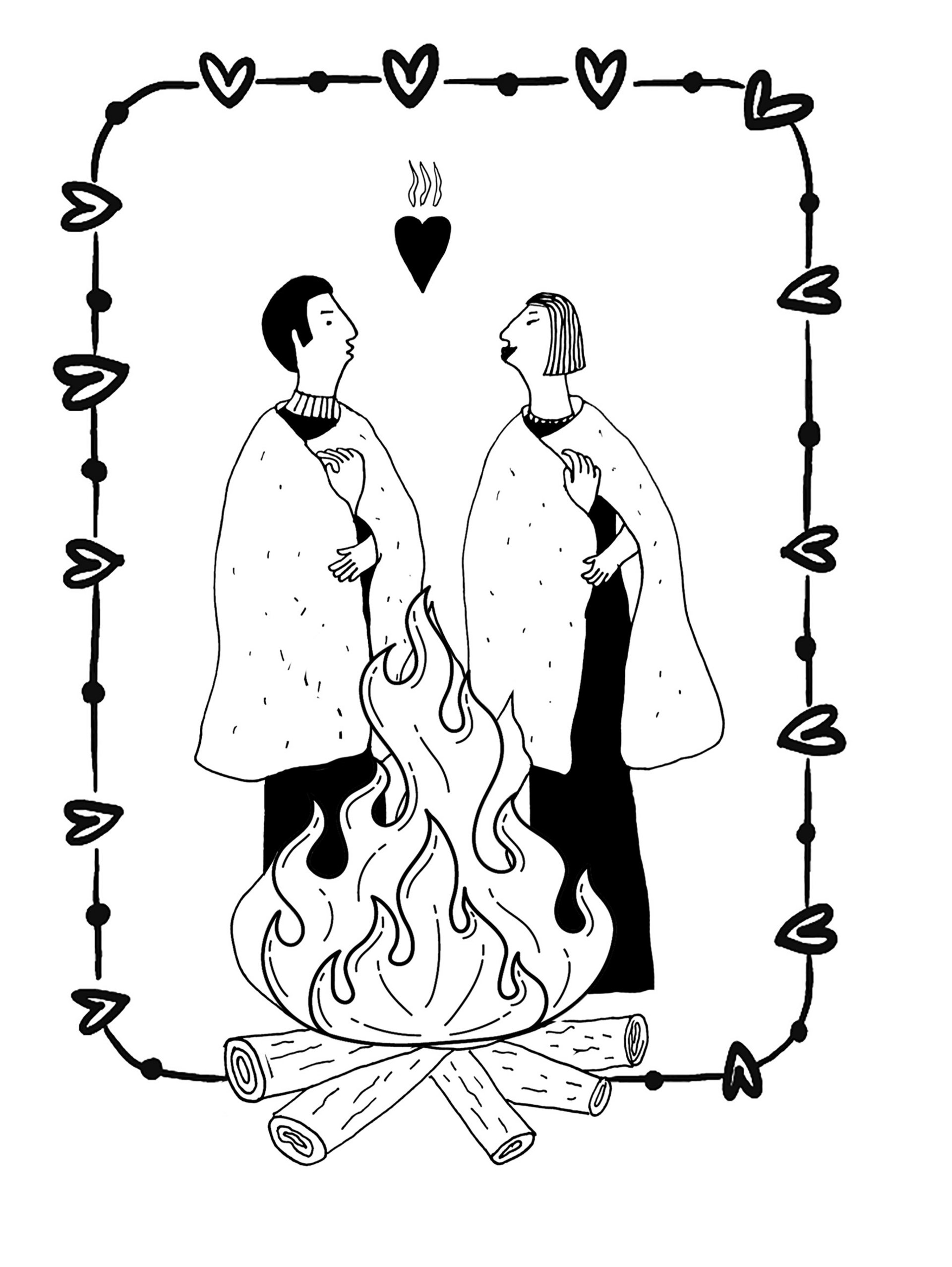 Der Bostalsee Schwarz-weiß Illustration von zwei Personen am Lagerfeuer mit Herzrahmen