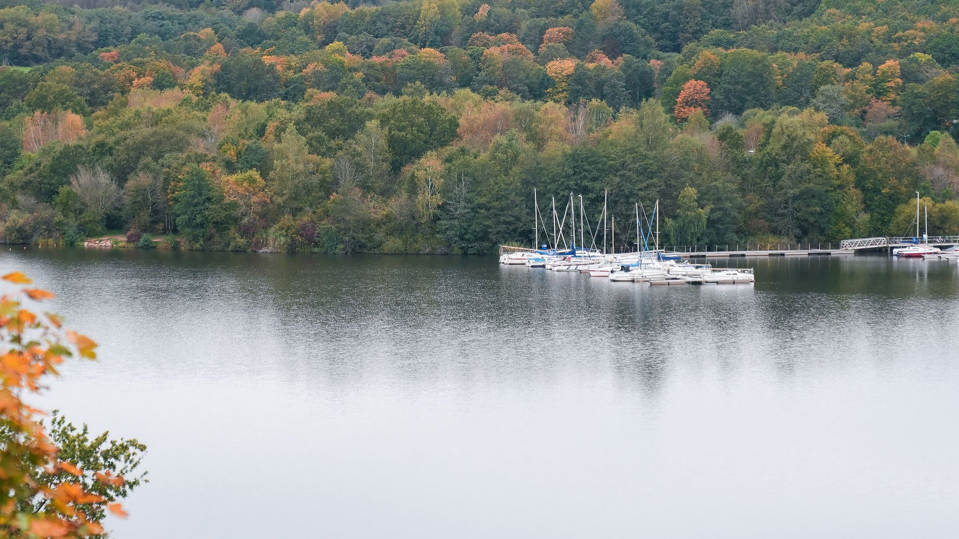 Autumn lake with yachts and forested hills in the background