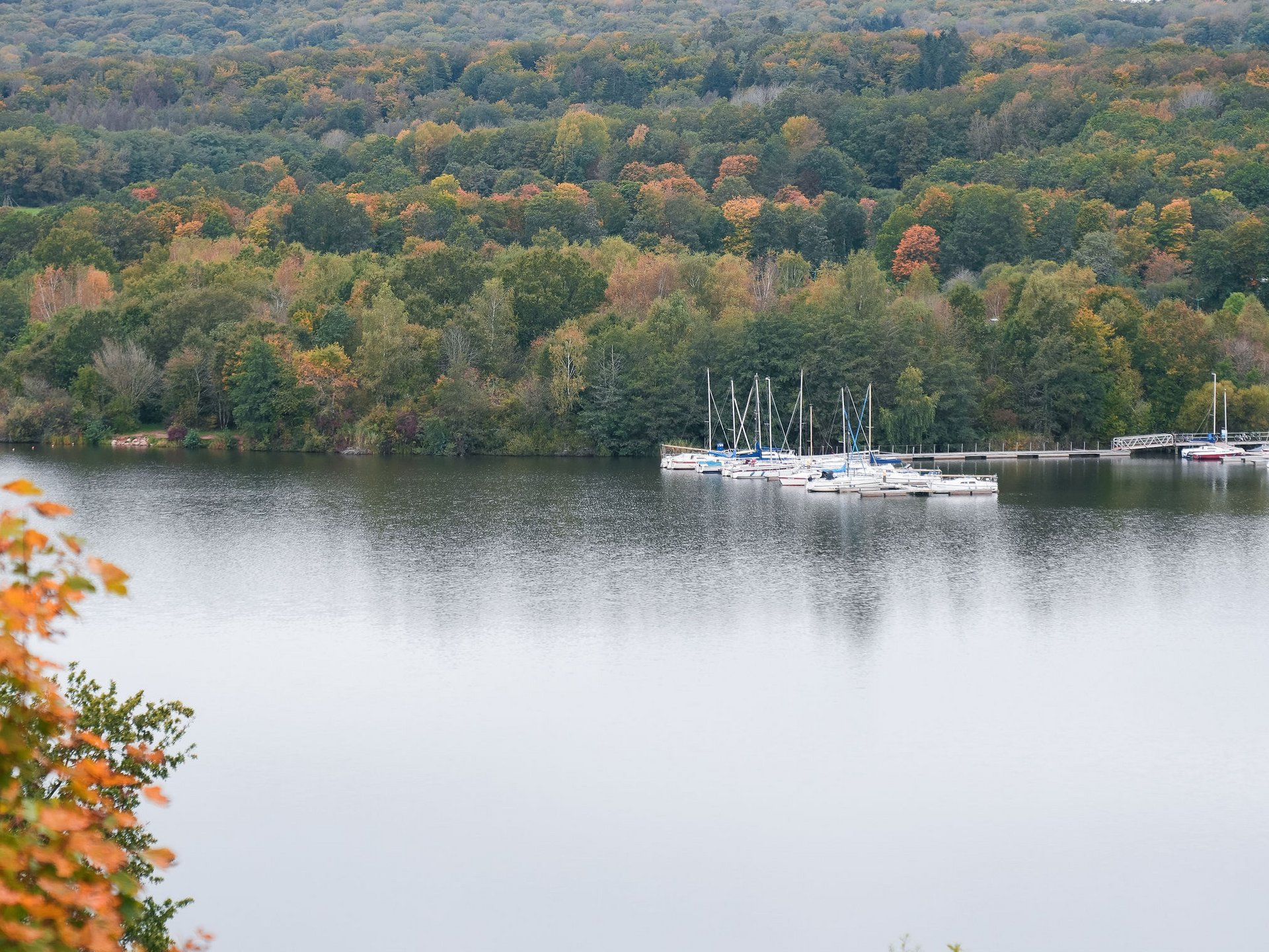 Herbstlicher See mit Yachten und bewaldeten Hügeln im Hintergrund