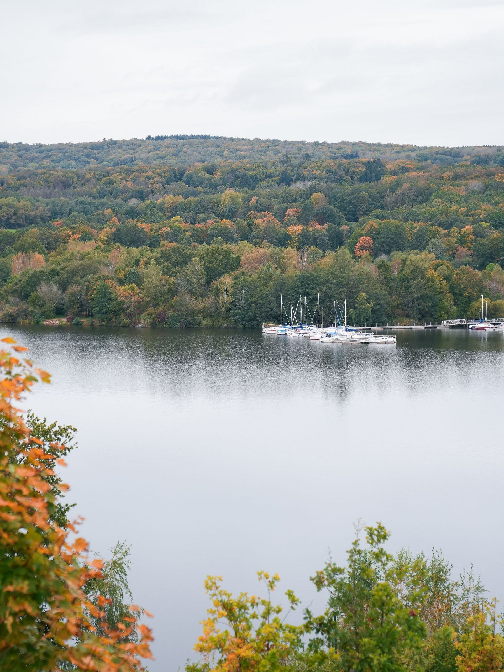 Autumn lake with yachts and forested hills in the background